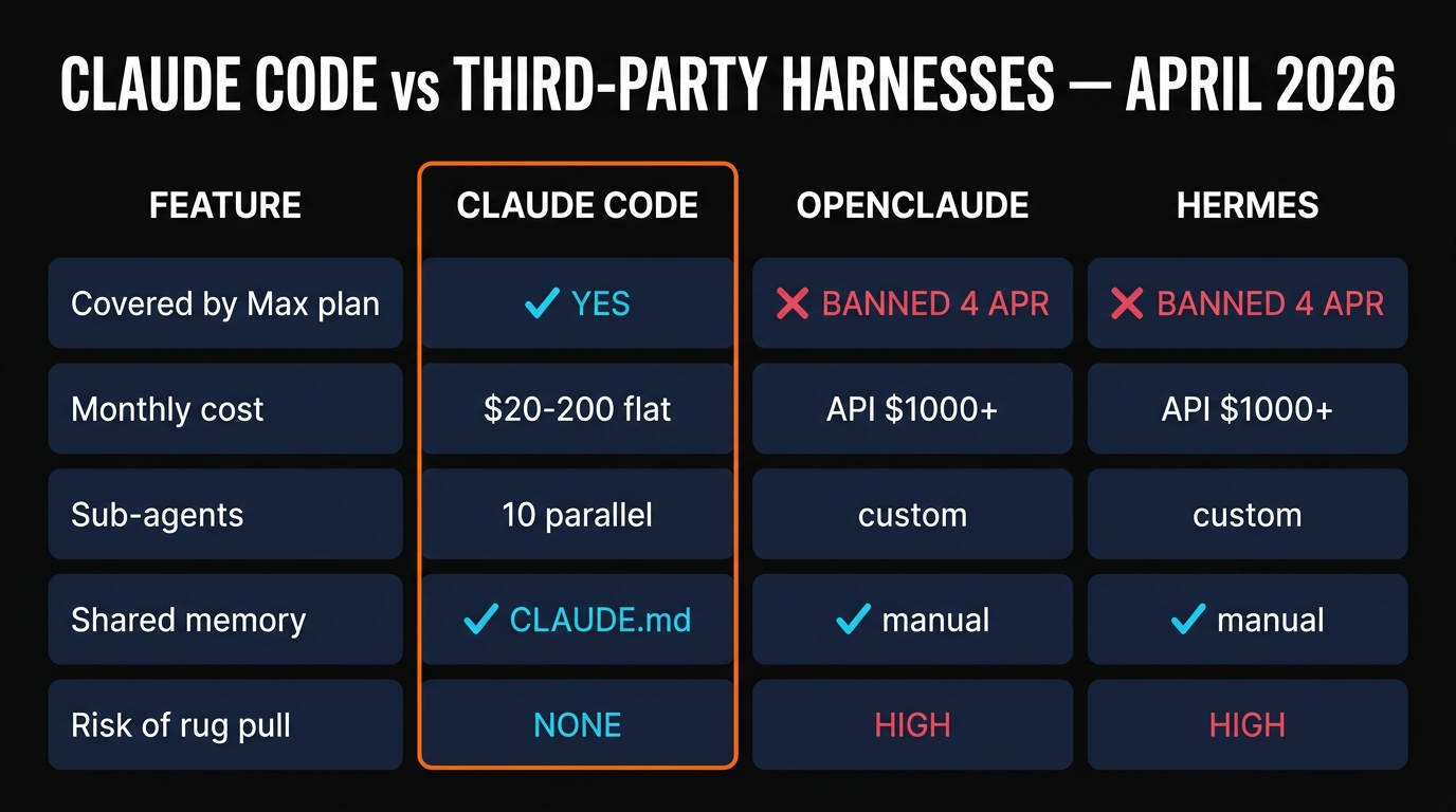 Claude Code vs OpenClaude vs Hermes comparison table April 2026