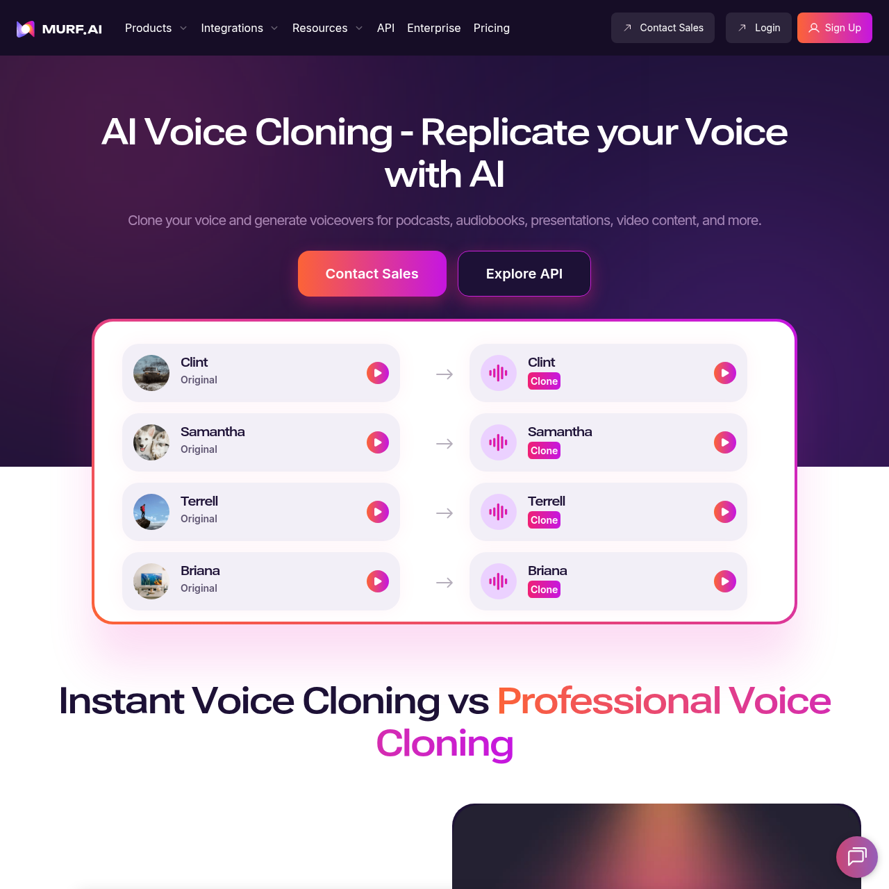 Murf voice cloning page showing rapid and professional clone tiers with side-by-side audio samples