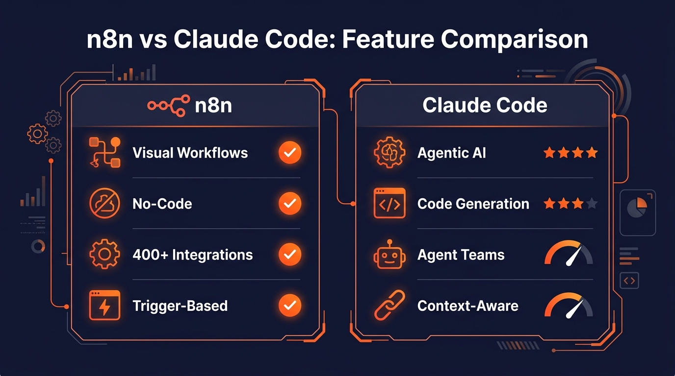 Comparison matrix showing n8n strengths in visual workflows and Claude Code strengths in AI reasoning
