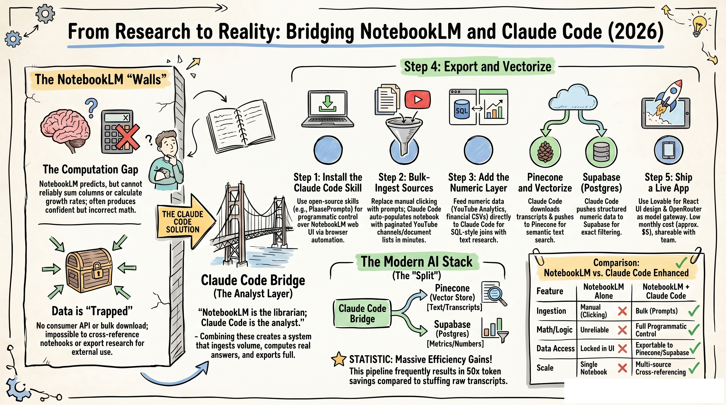 Visual summary of the NotebookLM to app pipeline — bridging research and coding tools