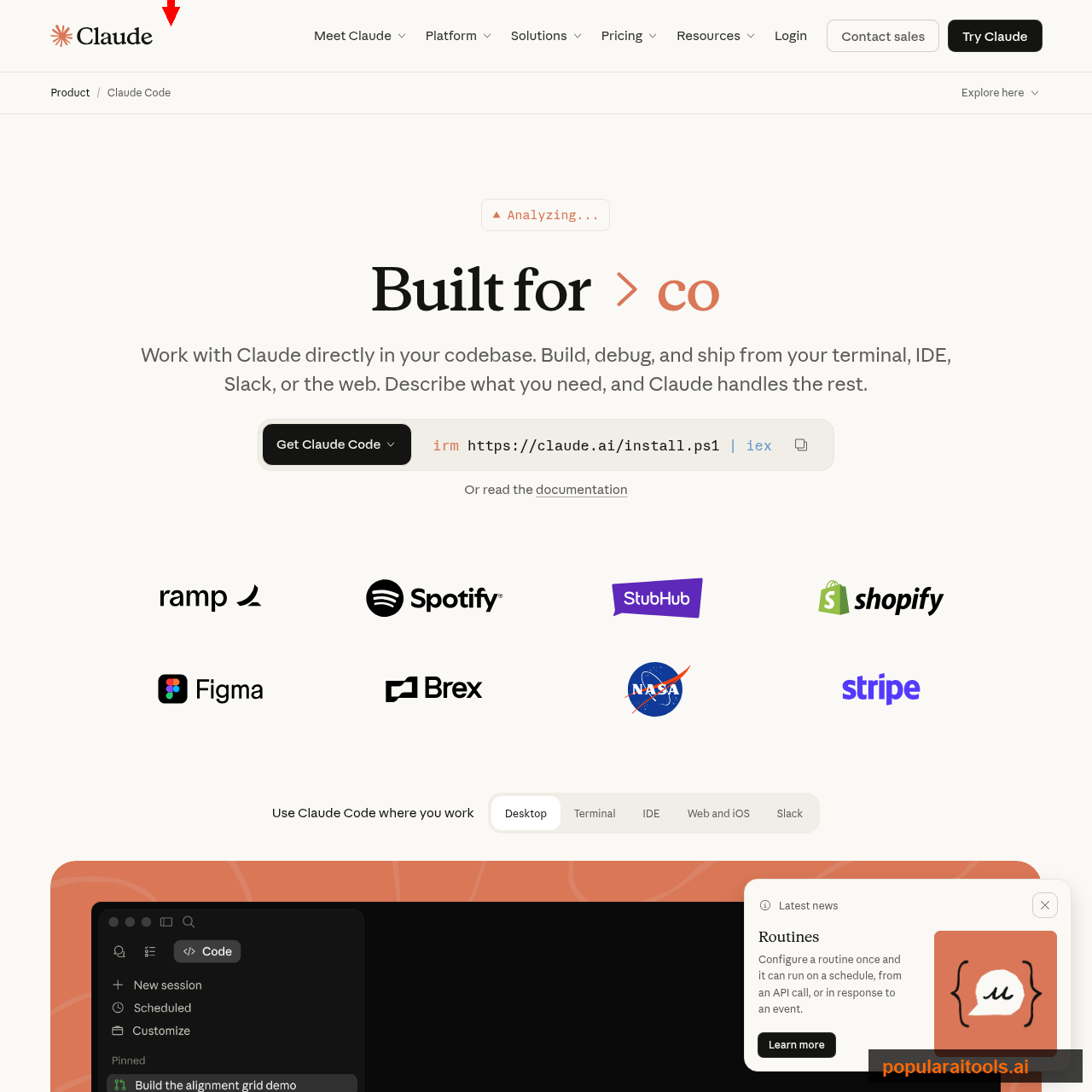 Claude Code product page on claude.com showing available installation targets including desktop, VS Code, JetBrains, and Slack