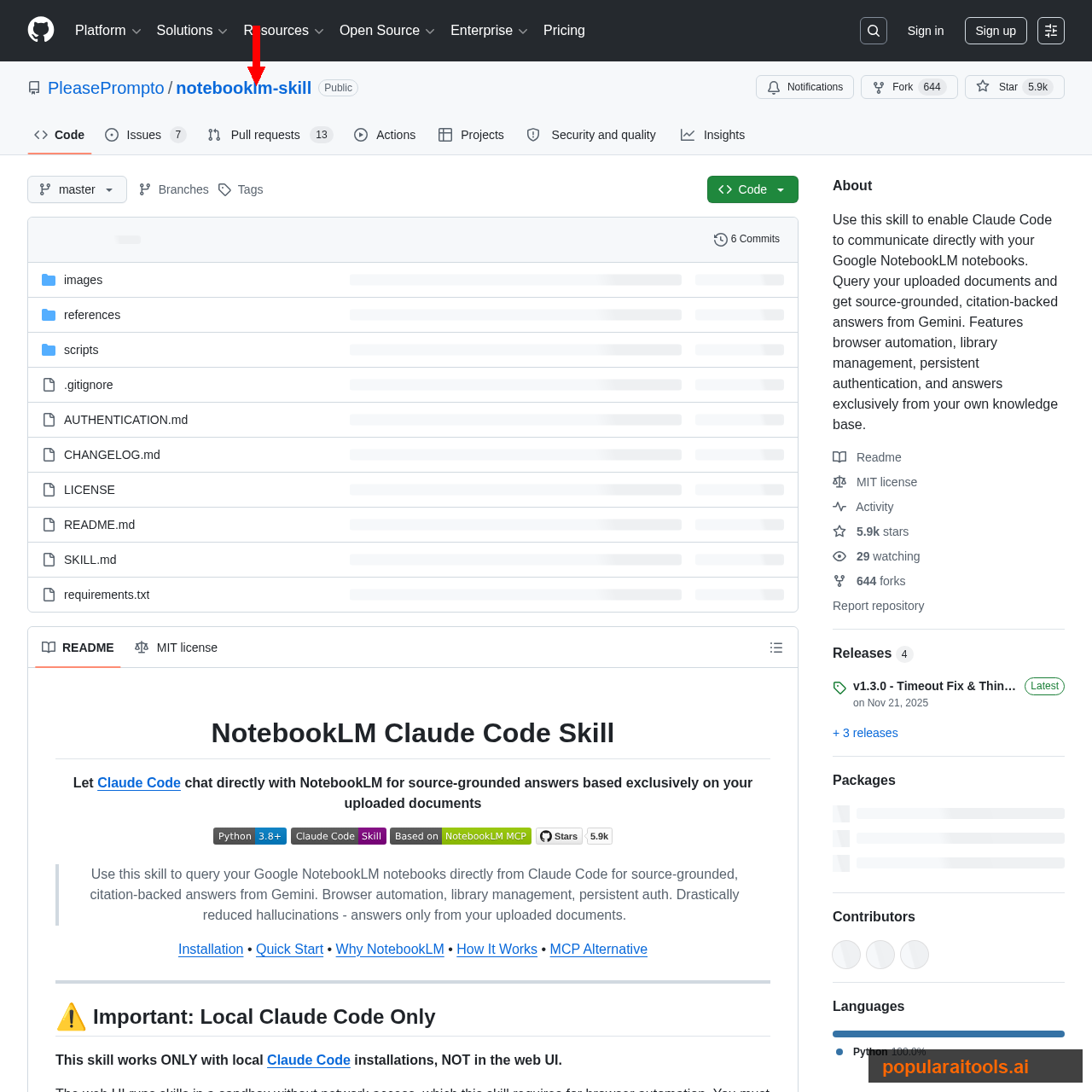 GitHub repo page for PleasePrompto/notebooklm-skill showing a browser-automation skill for Claude Code