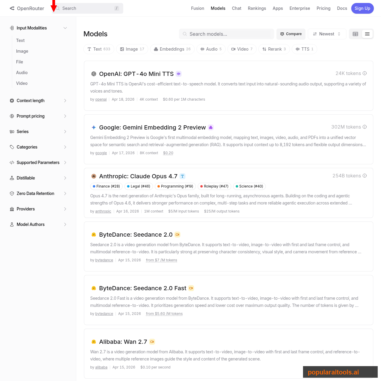 OpenRouter models page listing available models with per-token pricing