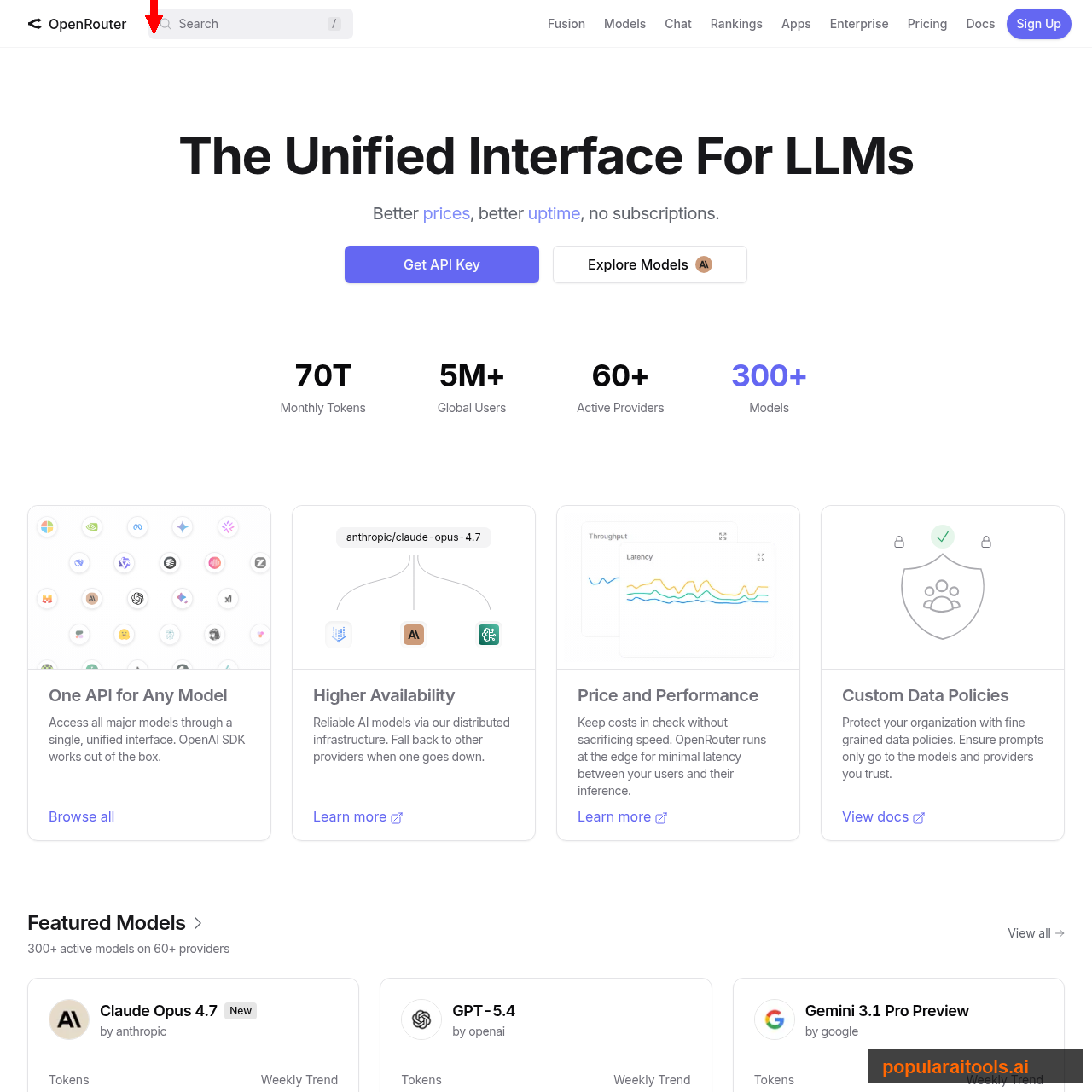 OpenRouter homepage showing a unified API for 300 plus language models