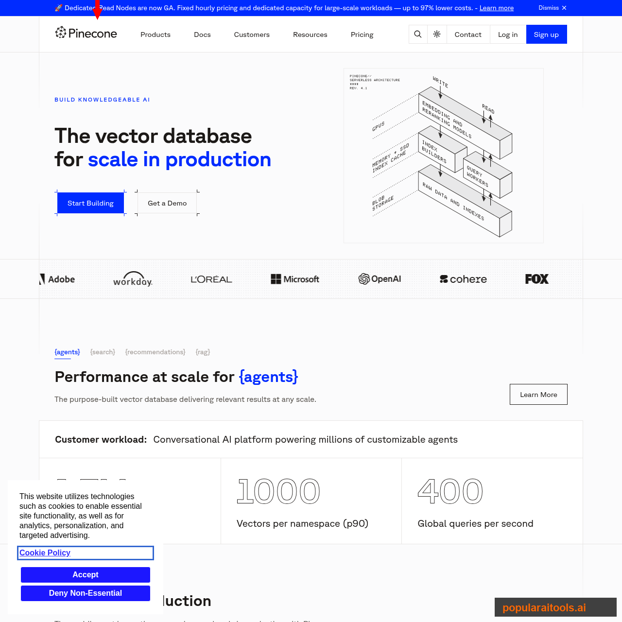 Pinecone homepage showing the vector database for AI applications