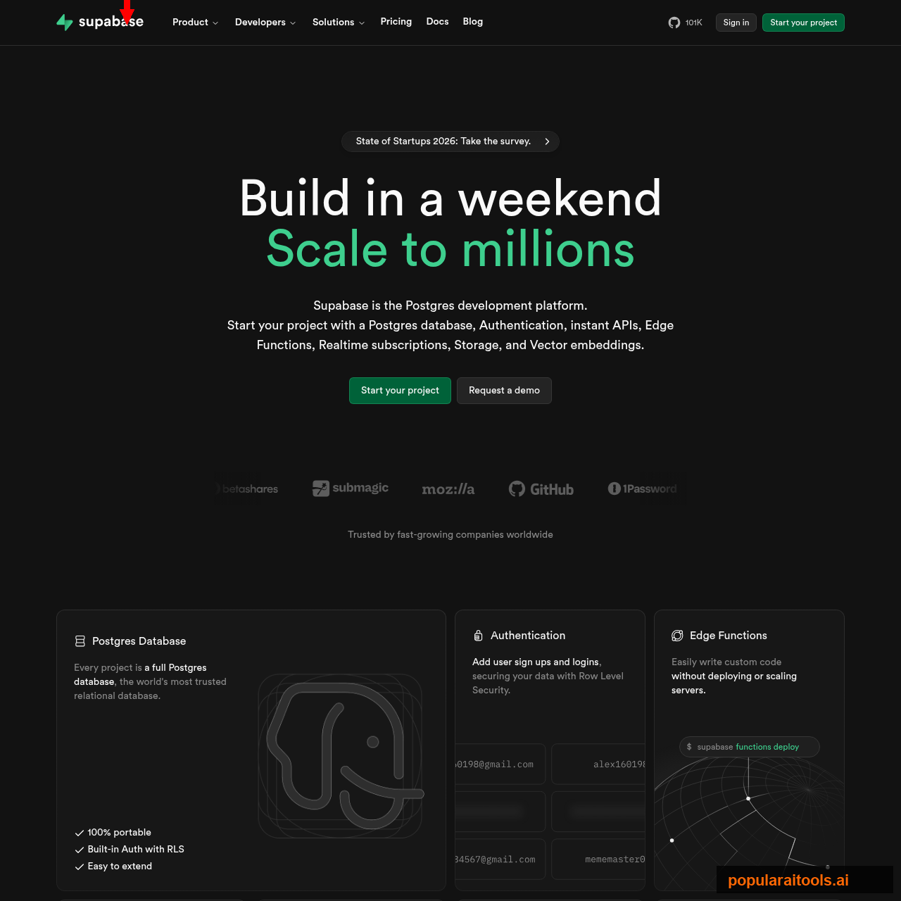 Supabase homepage showing the Postgres development platform with backend-as-a-service features