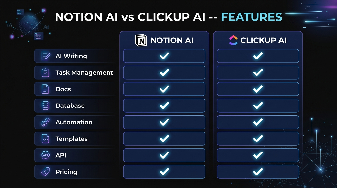 Notion AI vs ClickUp AI side-by-side comparison across project management, docs, AI features, and pricing