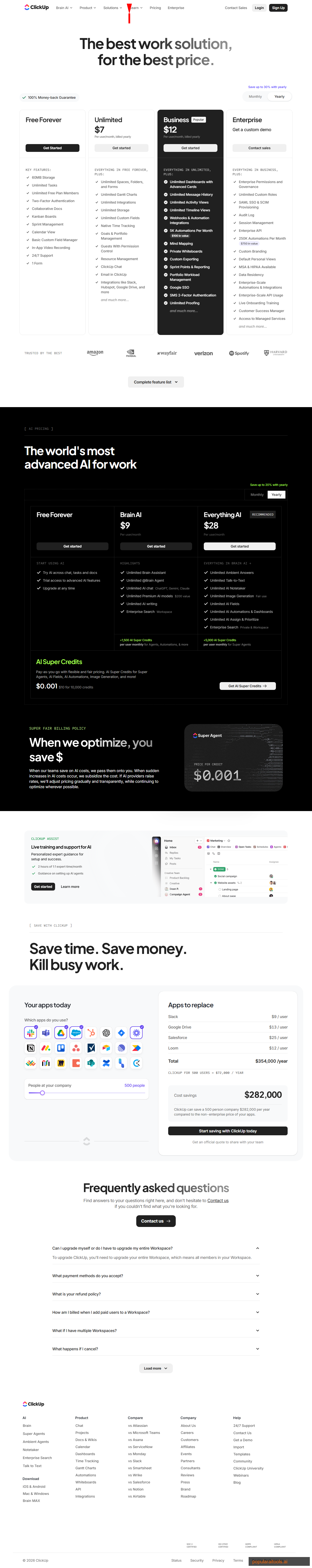 ClickUp pricing page showing Free, Unlimited, Business, and Enterprise plan tiers with monthly costs