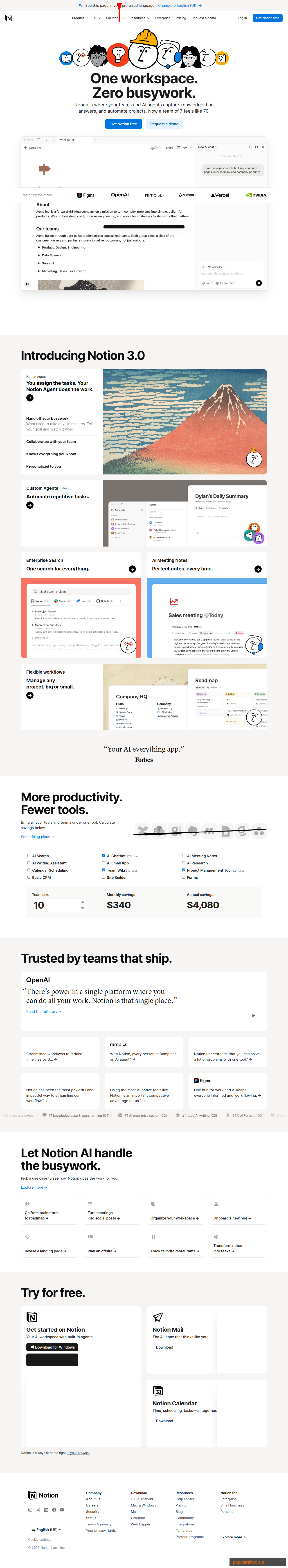 Notion homepage showing the connected workspace for docs, projects, and wikis