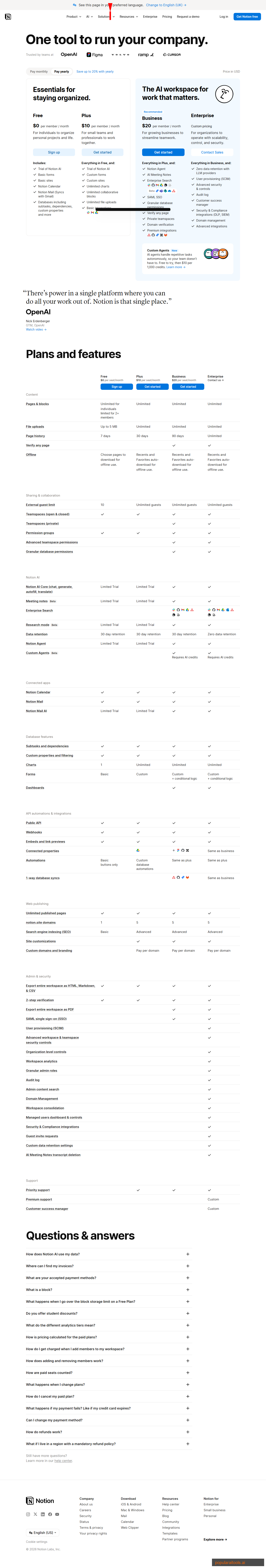 Notion pricing page showing Free, Plus, Business, and Enterprise plan tiers with monthly costs