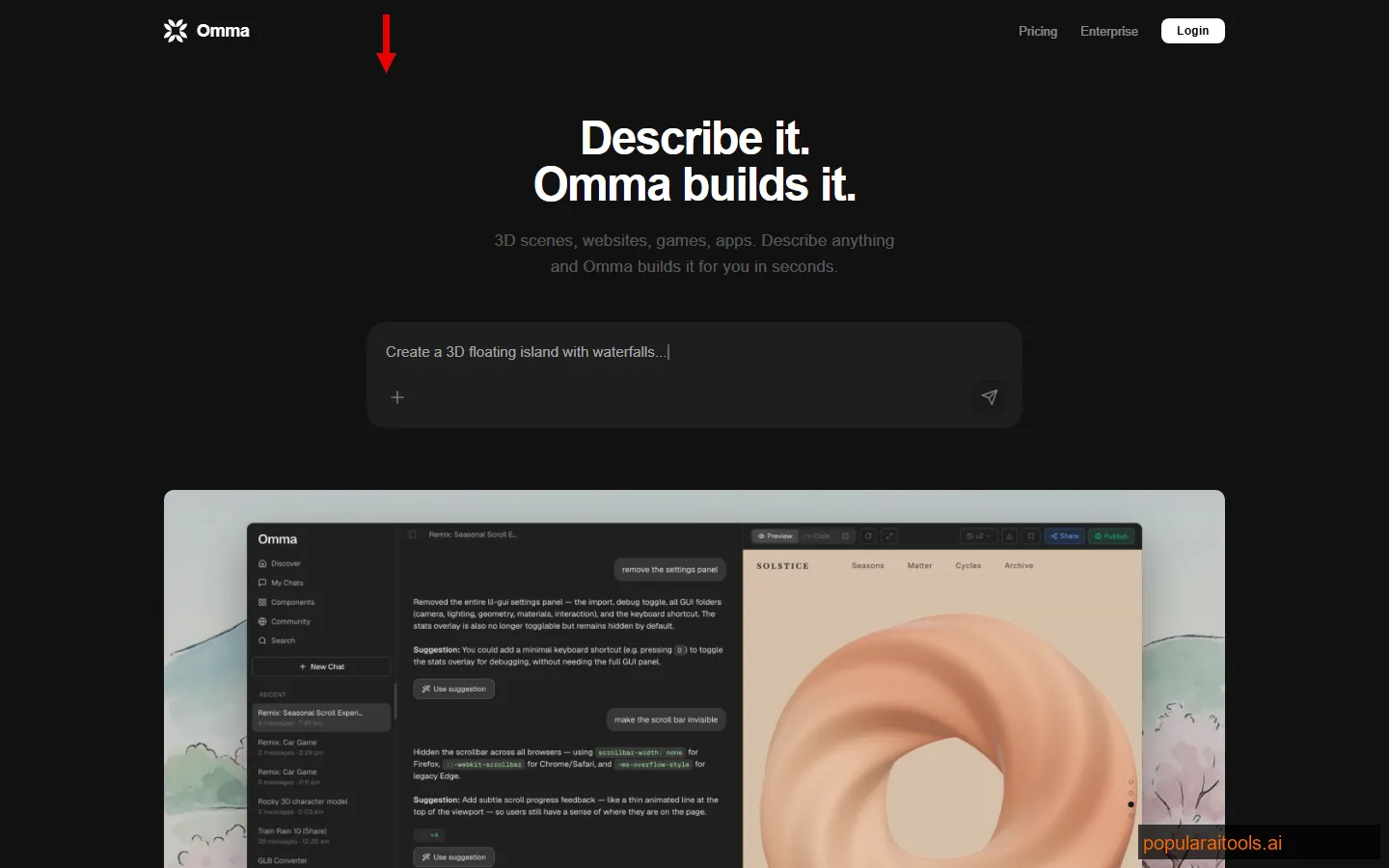 Omma AI creative studio homepage showing the text-to-experience generation interface with parallel agent execution