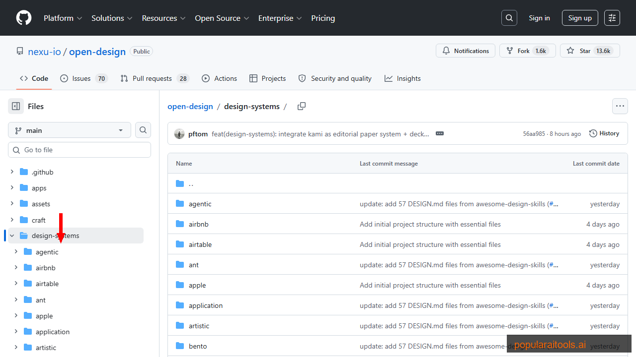 Open Design design-systems directory showing 72 brand-grade design system files for companies like Linear, Stripe, Vercel, Notion, and Apple