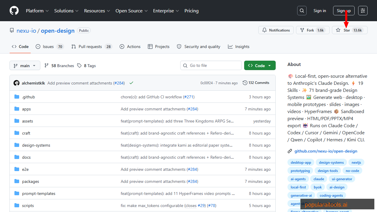 Open Design GitHub repository showing 13.6k stars, 1.6k forks, and project structure with design-systems, skills, and apps directories
