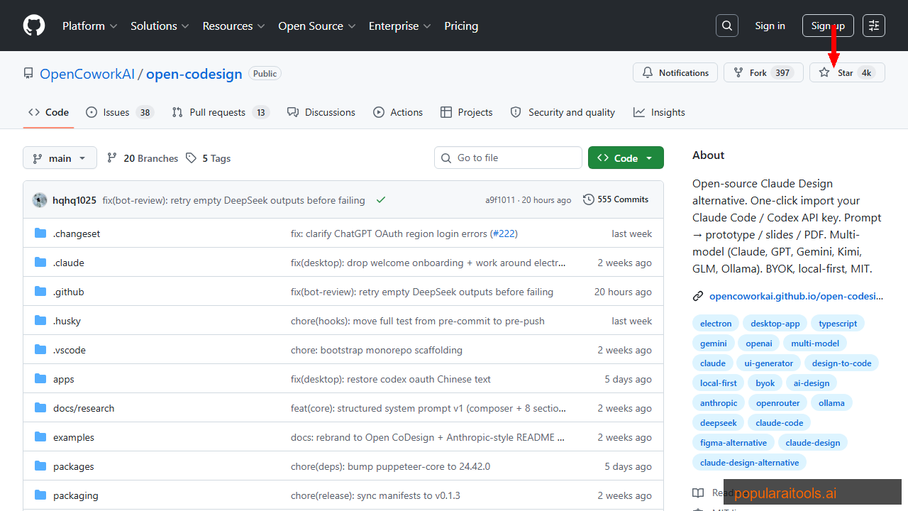Open CoDesign GitHub repository showing MIT license, multi-model support, and 3.1k stars
