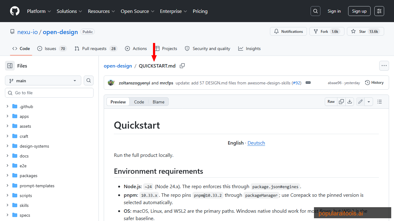 Open Design QUICKSTART.md showing installation steps, environment requirements, and CLI commands