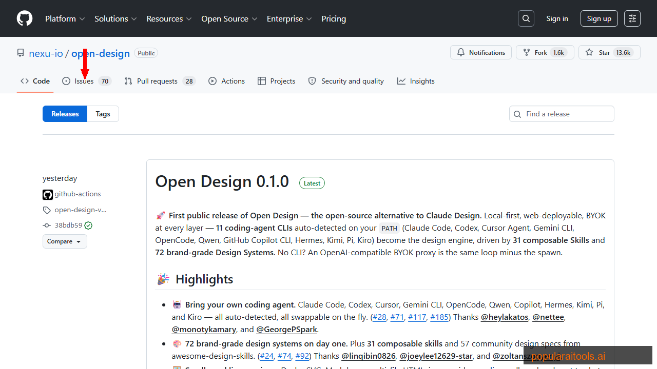 Open Design releases page on GitHub showing version 0.1.0 released May 1, 2026
