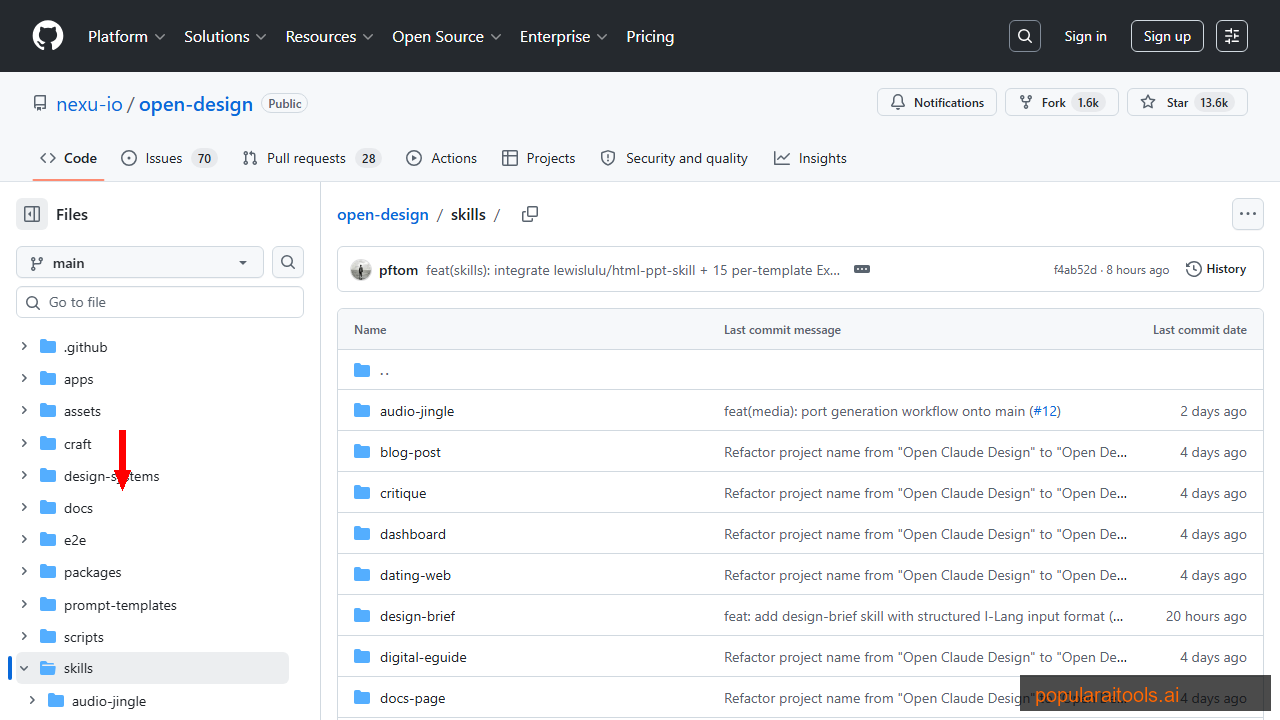 Open Design skills directory showing 31 composable skill folders including web-prototype, saas-landing, dashboard, mobile-app, and more