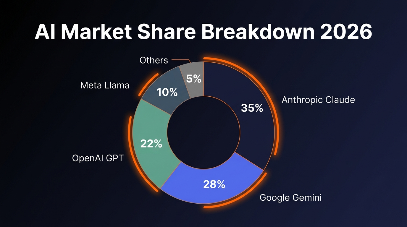 AI market share breakdown 2026 showing Anthropic, Google, OpenAI and Meta shares
