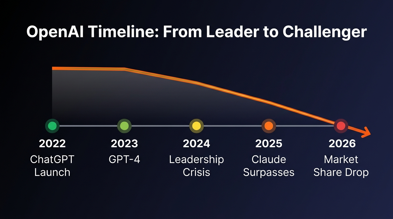 Timeline showing OpenAI decline from market leader to challenger 2022-2026
