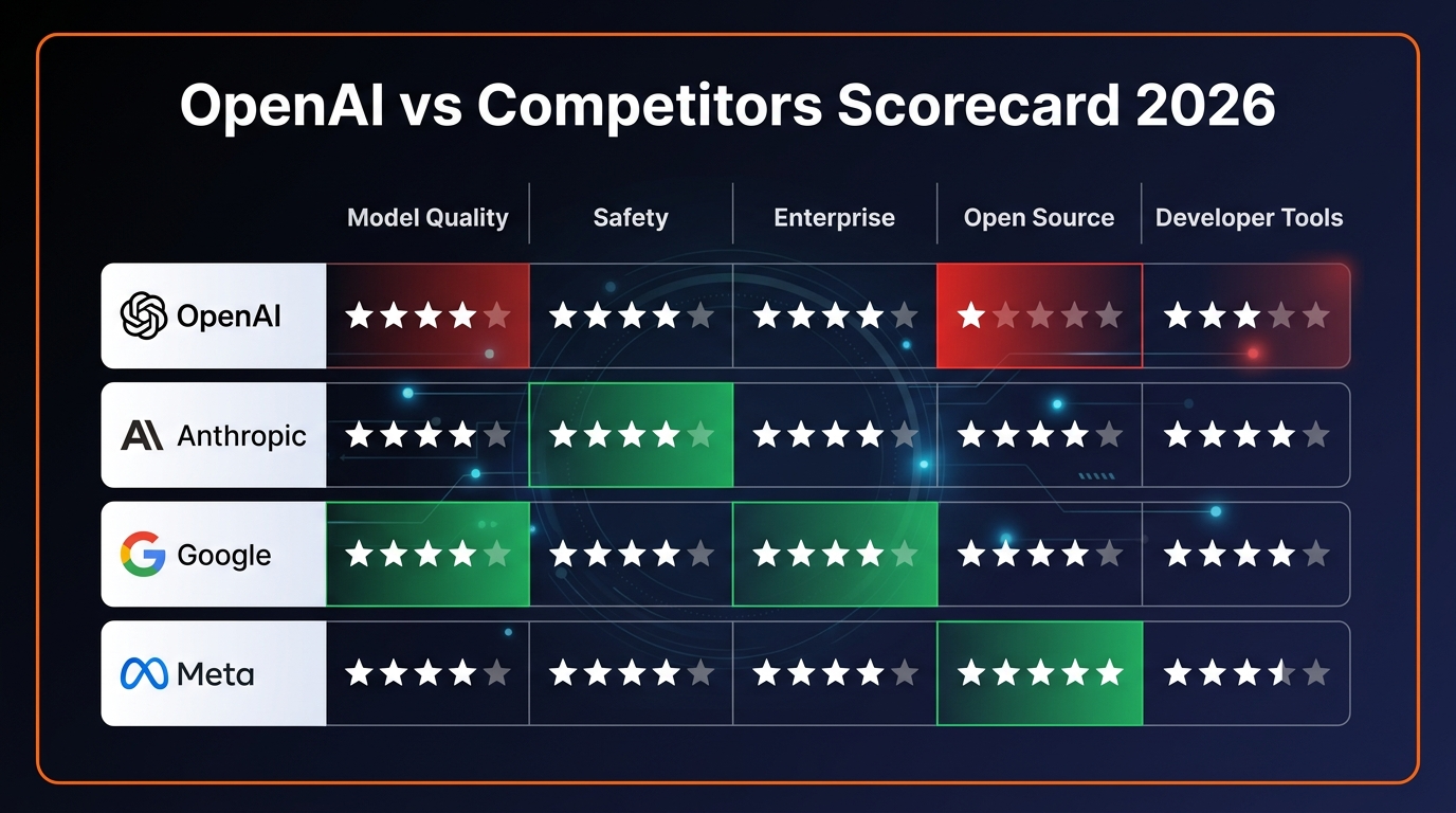 OpenAI vs competitors scorecard comparing model quality, safety, enterprise features