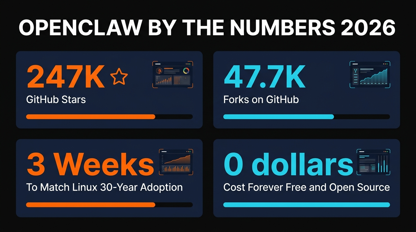 OpenClaw adoption statistics - 247K stars, 47.7K forks, 700+ community skills