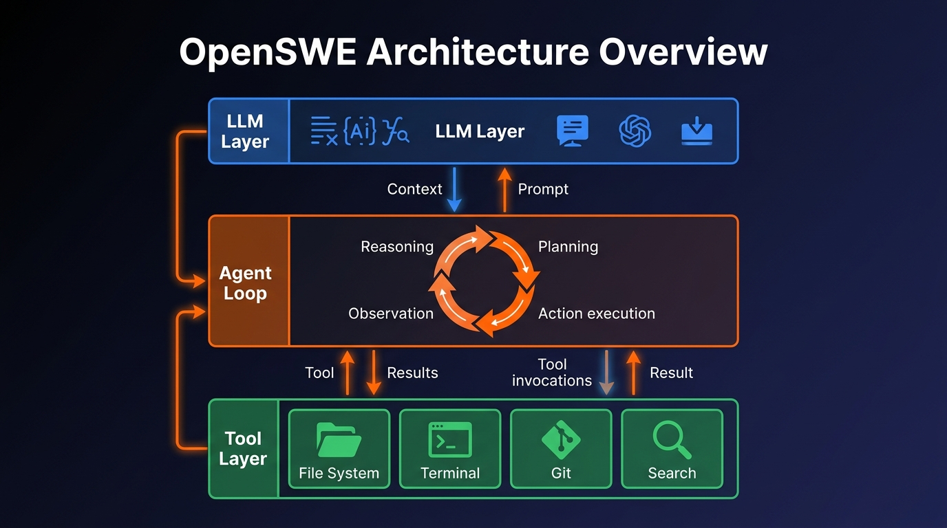 OpenSWE architecture overview showing LLM layer, agent loop, and tool layer