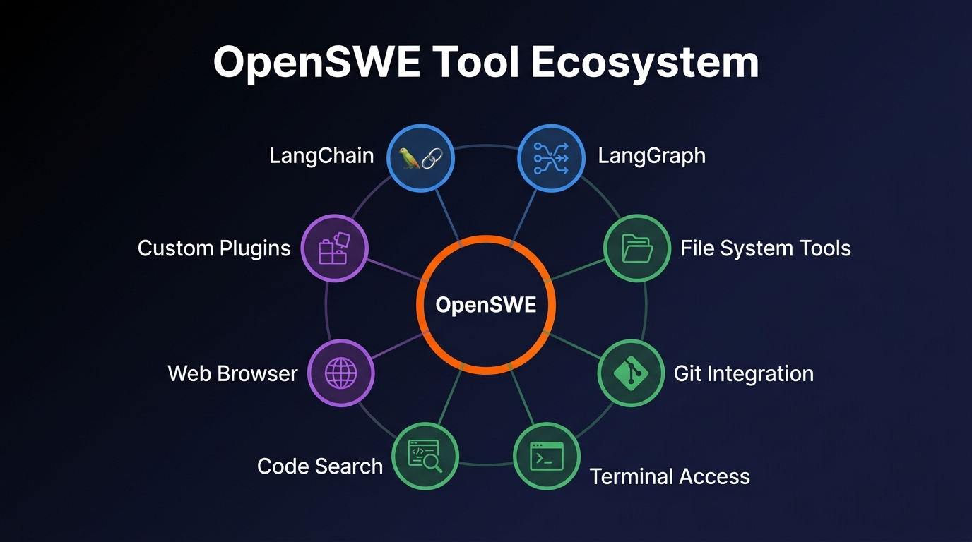 OpenSWE tool ecosystem showing connections to LangChain, Git, terminal, and more