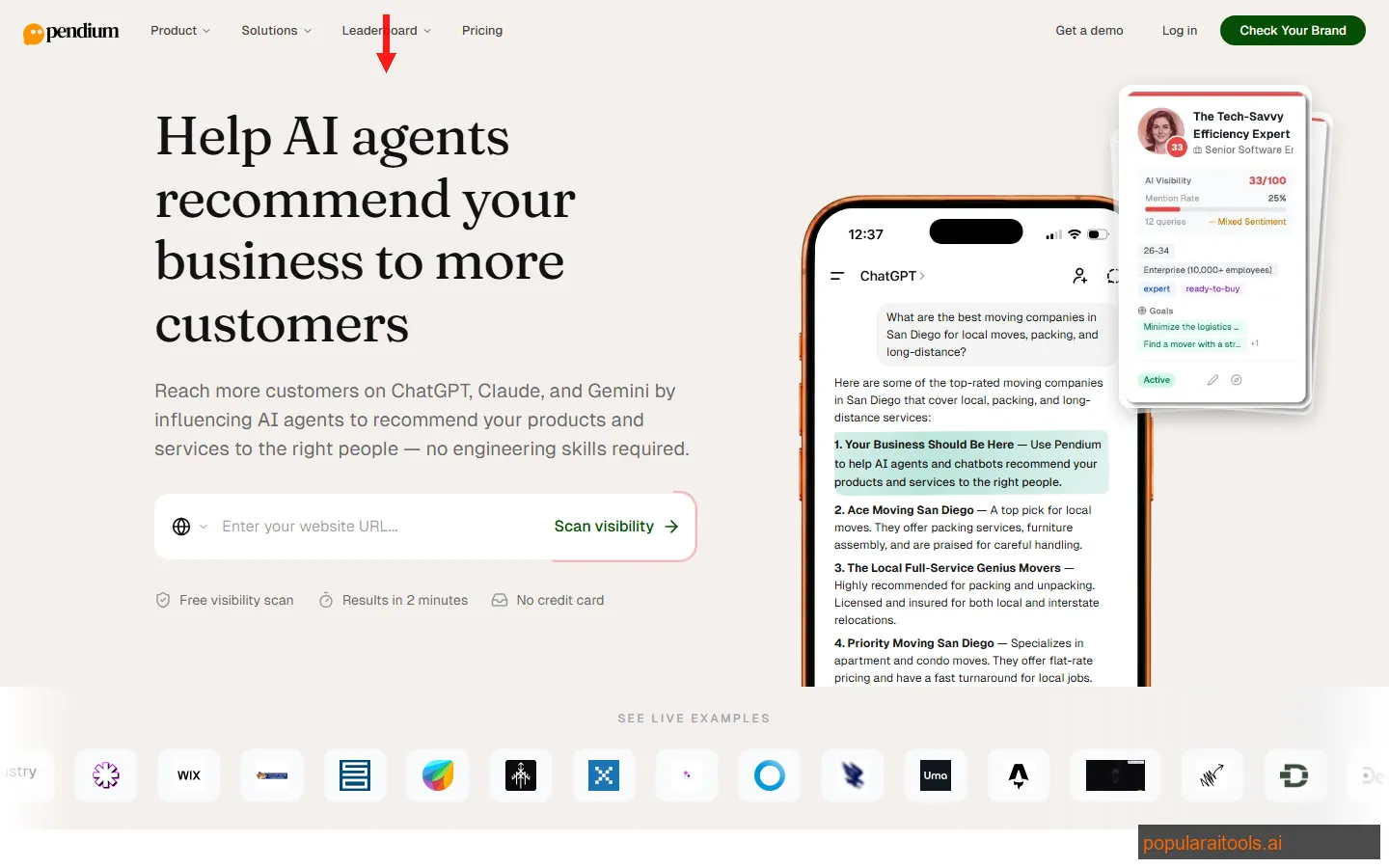 Pendium homepage showing AI brand monitoring dashboard with visibility scores across ChatGPT, Claude, Gemini, and other AI platforms