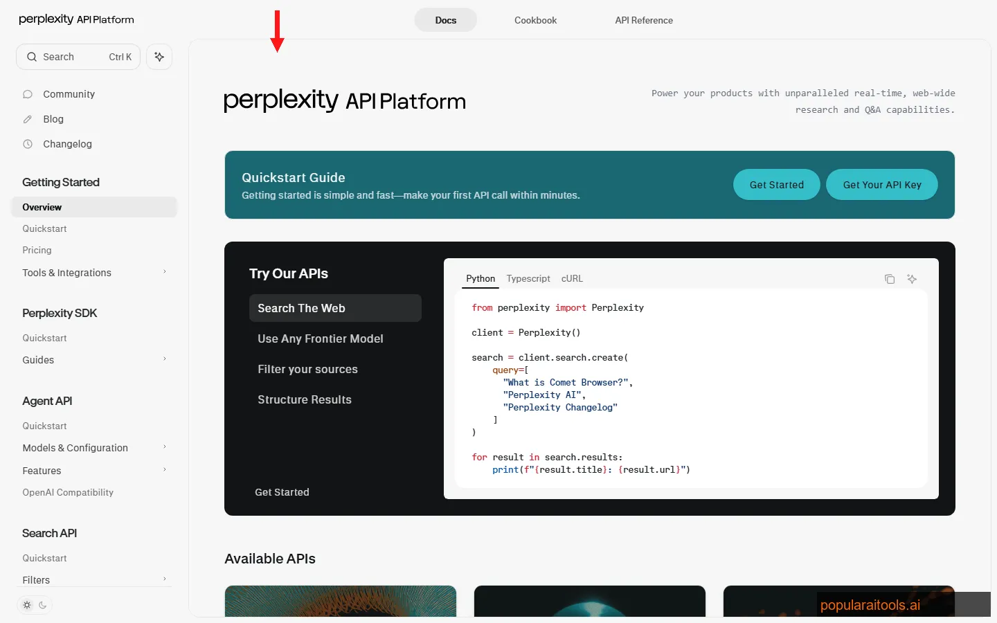 Perplexity API Platform homepage showing unified AI search and model access for developers