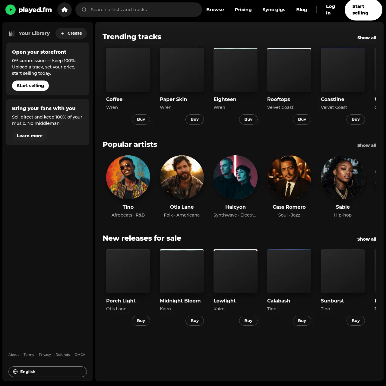 played.fm explore page showing artist storefronts selling music directly to fans