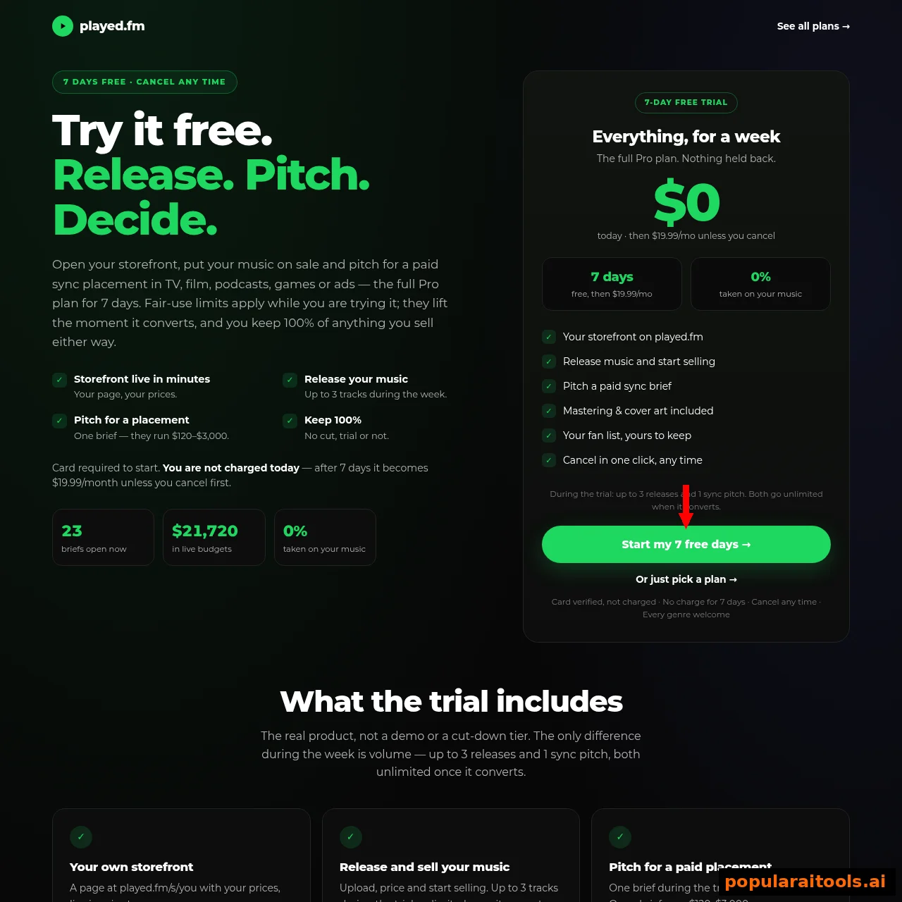 played.fm free trial page: try it free, release, pitch, decide — 23 briefs open, $21,720 in live budgets, 0% taken on your music