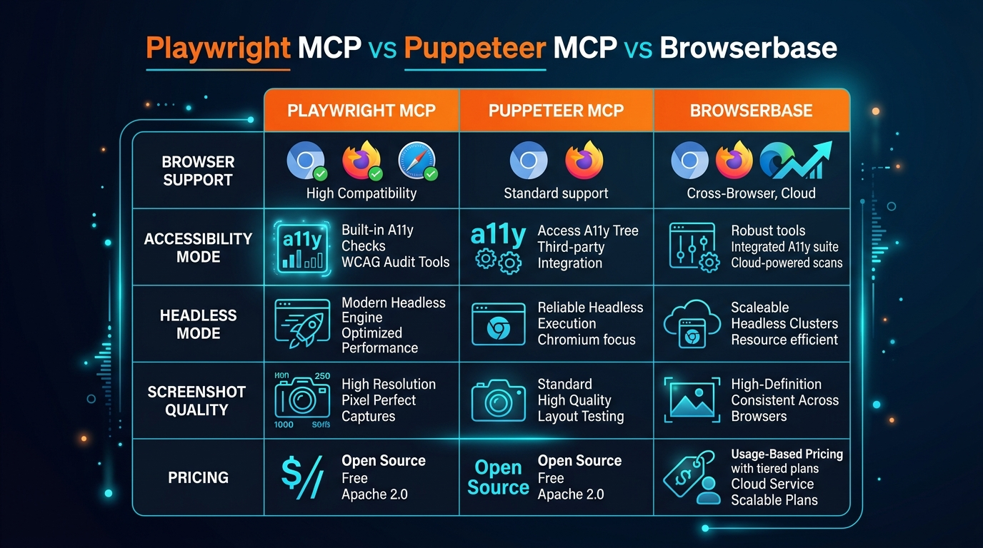 Playwright MCP vs Puppeteer MCP vs Browserbase vs Stagehand vs Chrome DevTools MCP comparison