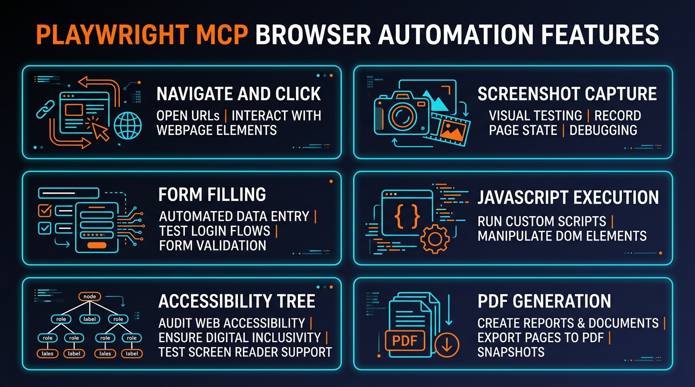 Playwright MCP Server key features infographic - 70+ tools across 7 capability groups
