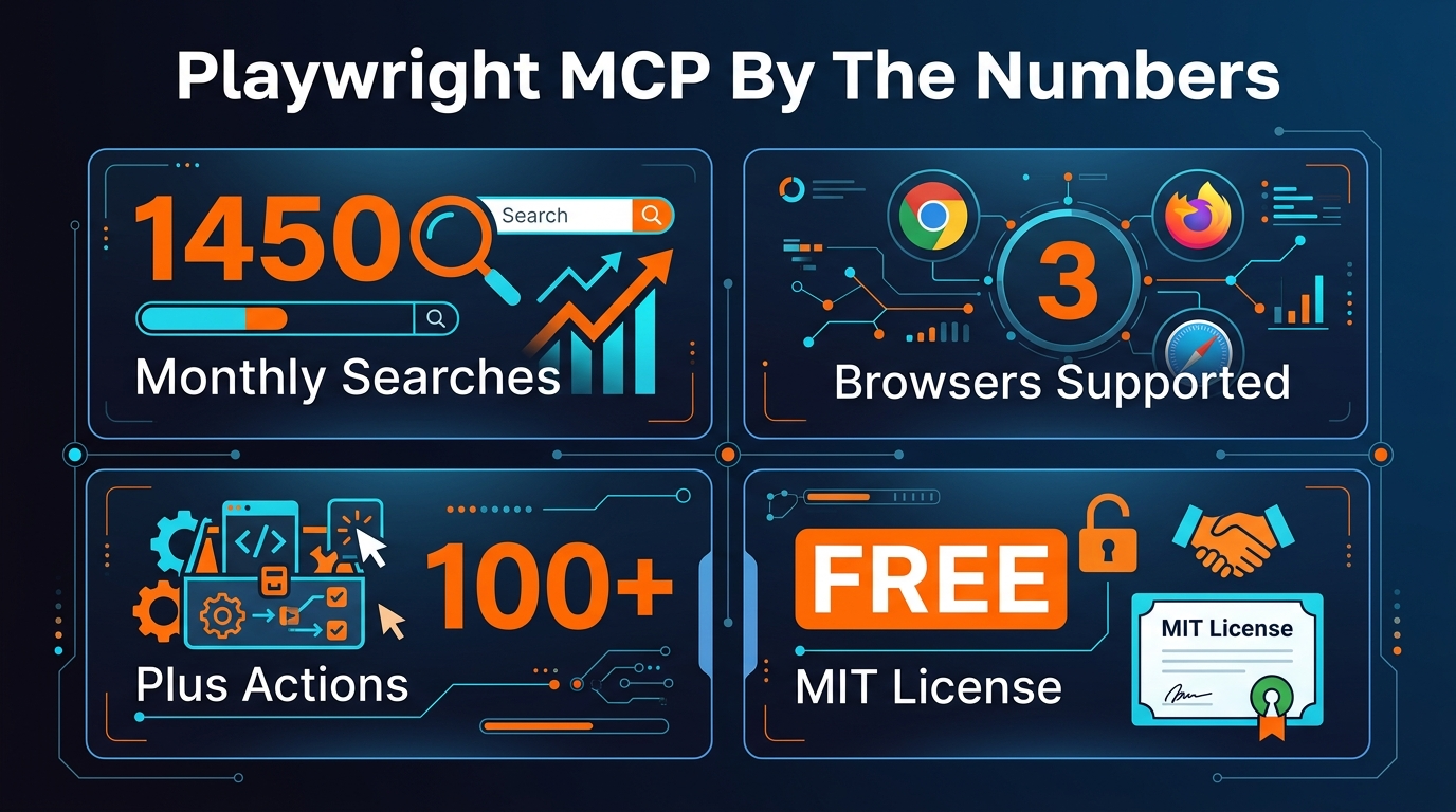 Playwright MCP Server key statistics - 29,600 stars, 70+ tools, 143+ device presets