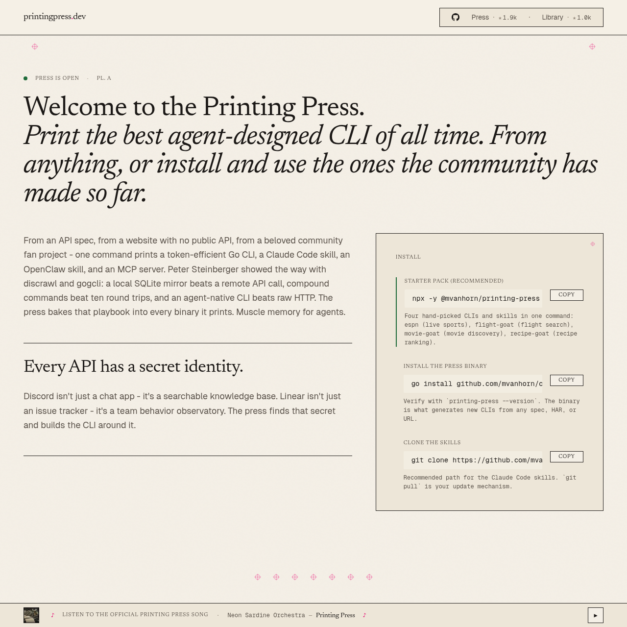 Printing Press homepage at printingpress.dev