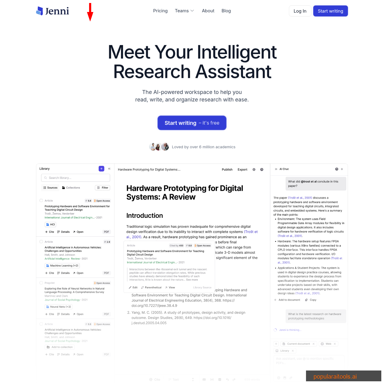 Jenni AI homepage showing academic writing assistant with citation features and AI autocomplete