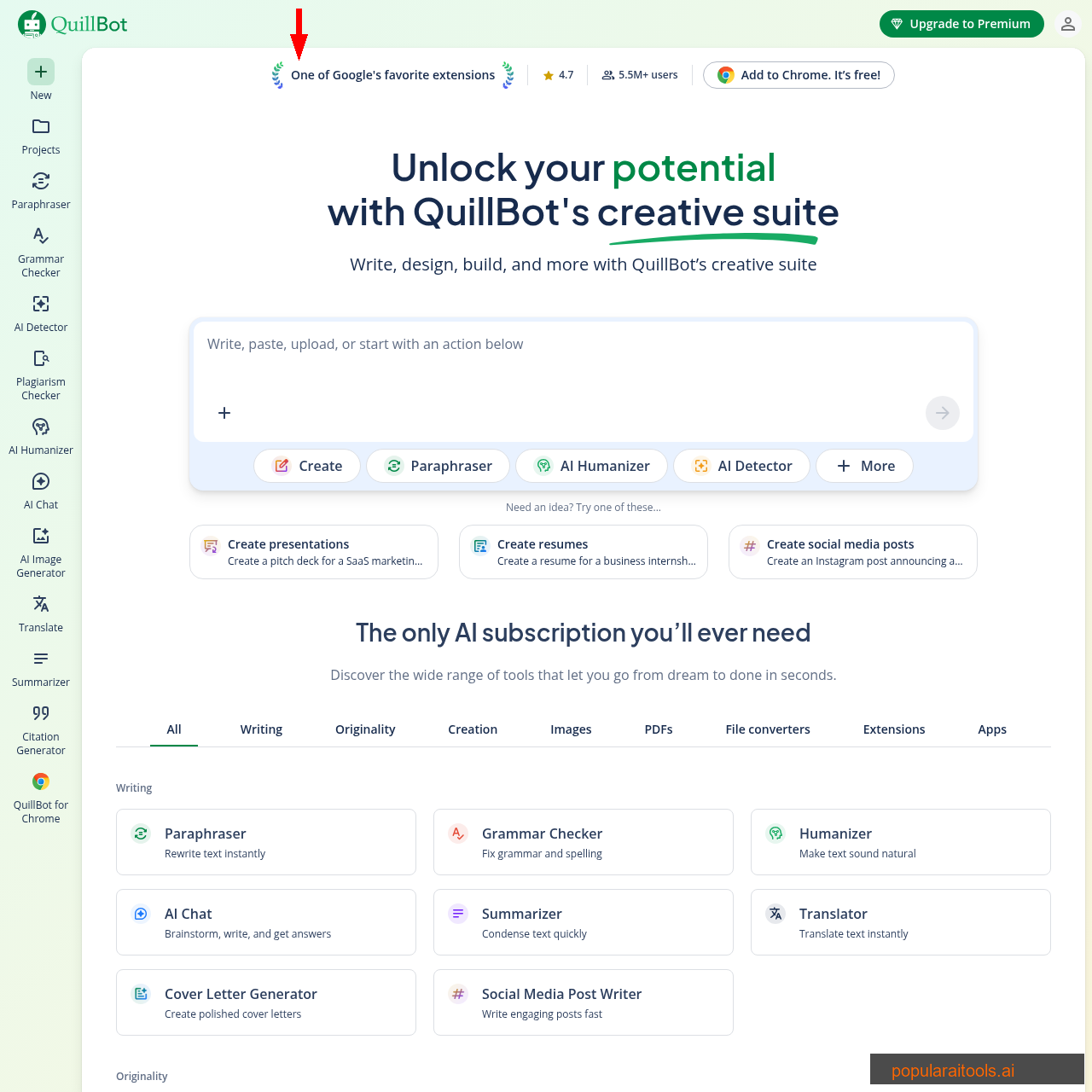QuillBot homepage showing AI writing suite with paraphraser, grammar checker, and creative tools