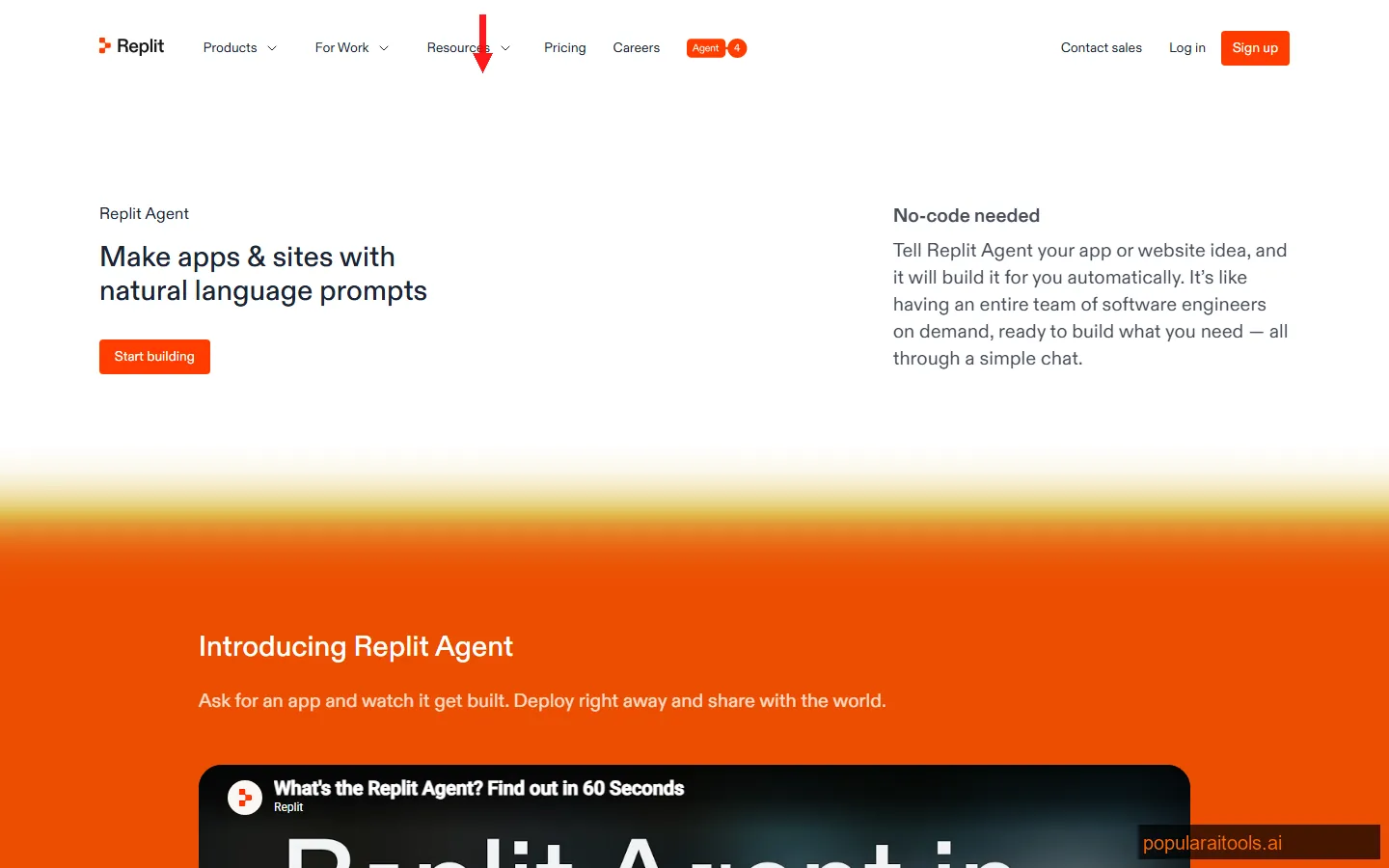 Replit AI features page showing Agent capabilities, code generation, and debugging tools
