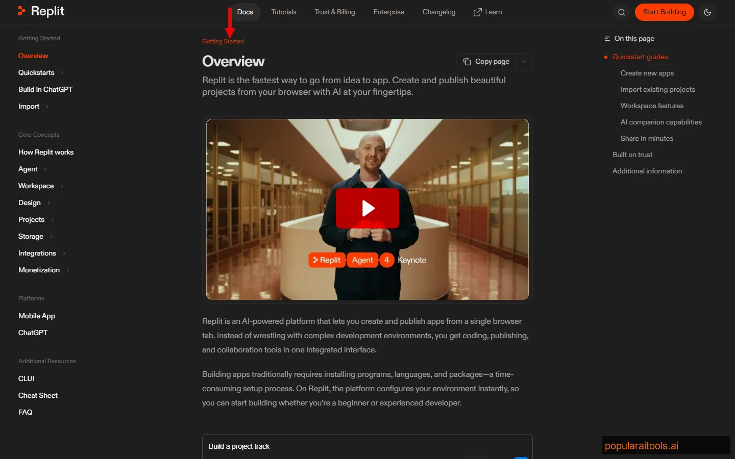 Replit documentation page showing guides for using Agent, deployment, and collaboration features