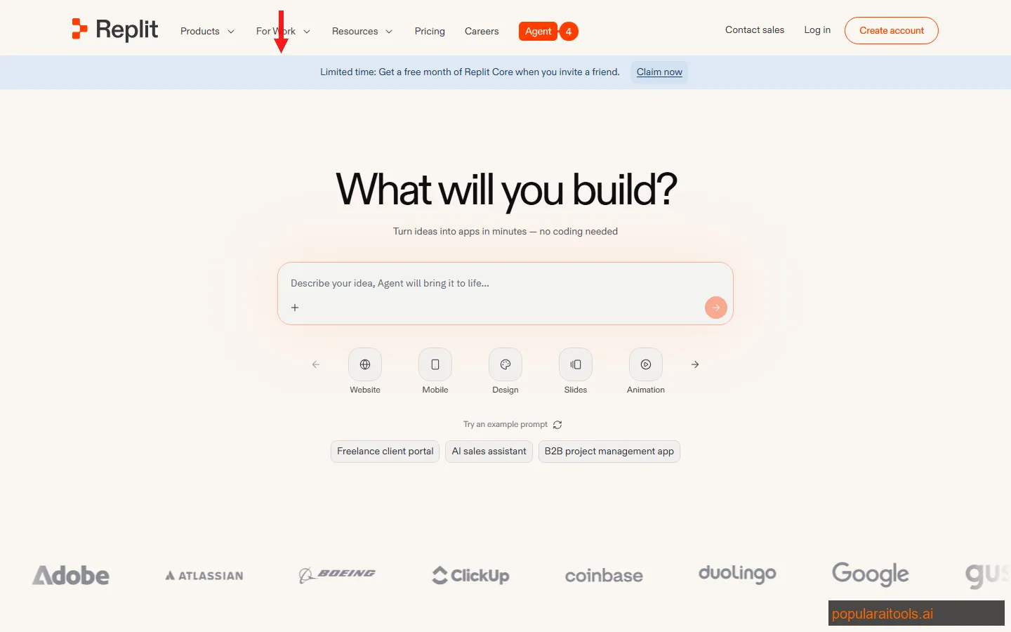 Replit homepage showing the browser-based IDE with AI agent capabilities for building and deploying apps