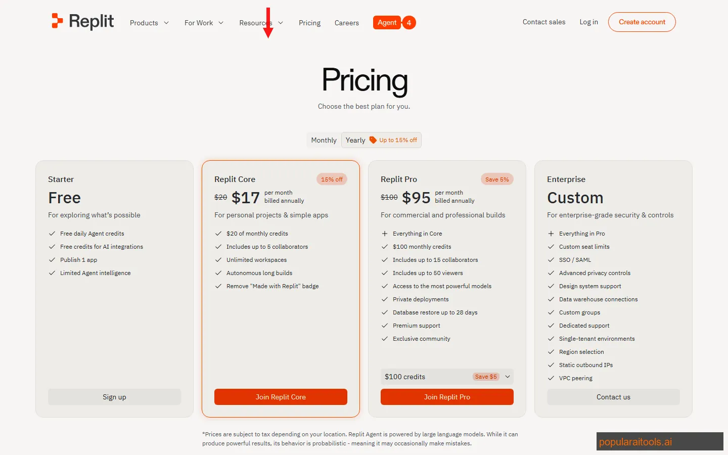 Replit pricing page showing Free, Hacker $7/month, Pro $25/month, and Teams $40/user/month plans