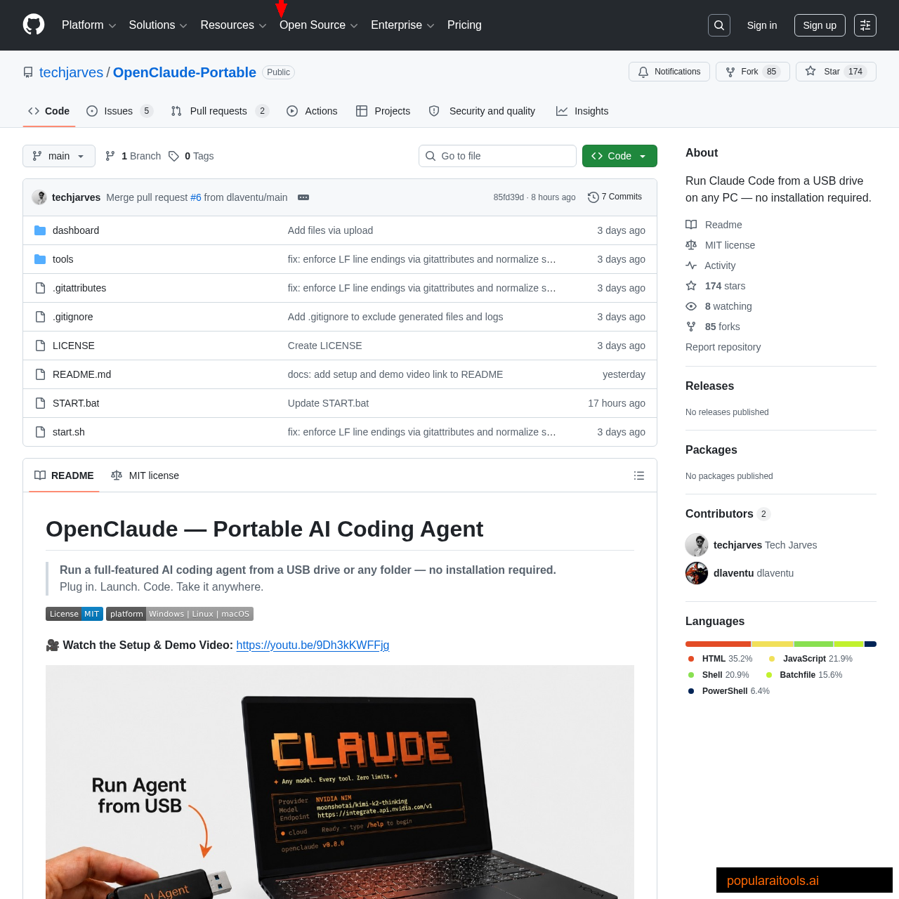 OpenClaude Portable GitHub repository showing project readme and features