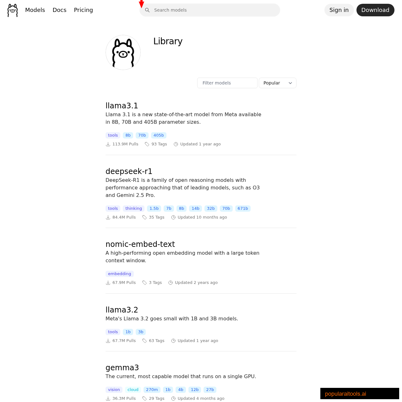Ollama model library showing available models for local inference