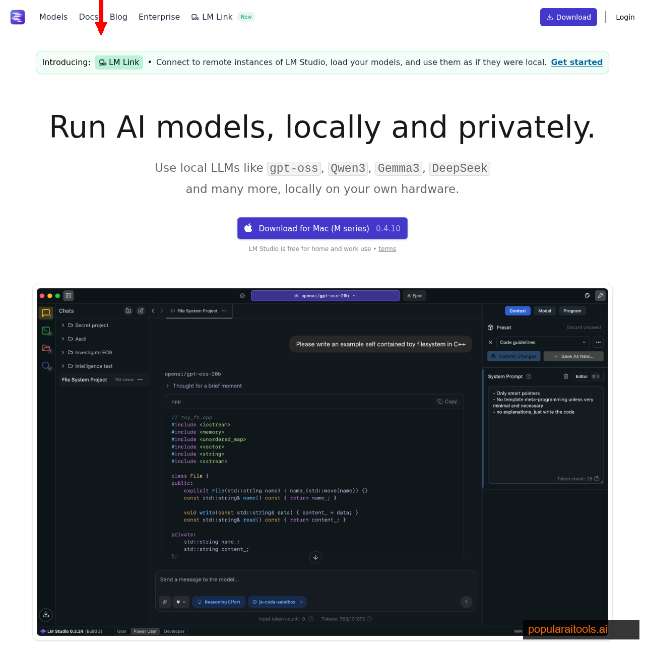 LM Studio homepage showing the desktop application for downloading and running open source LLMs locally