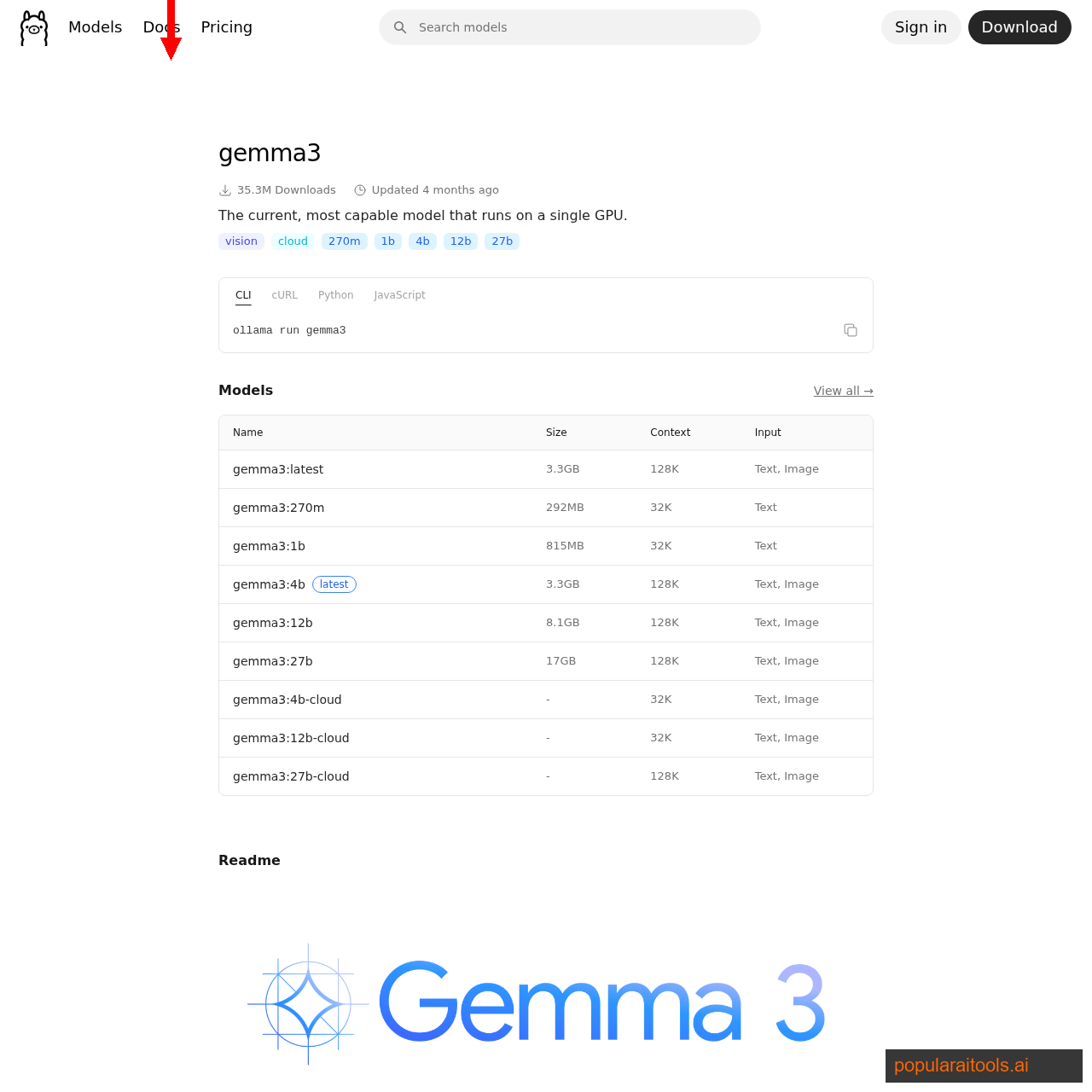 Ollama library page for Gemma showing all available variants, sizes, and pull commands