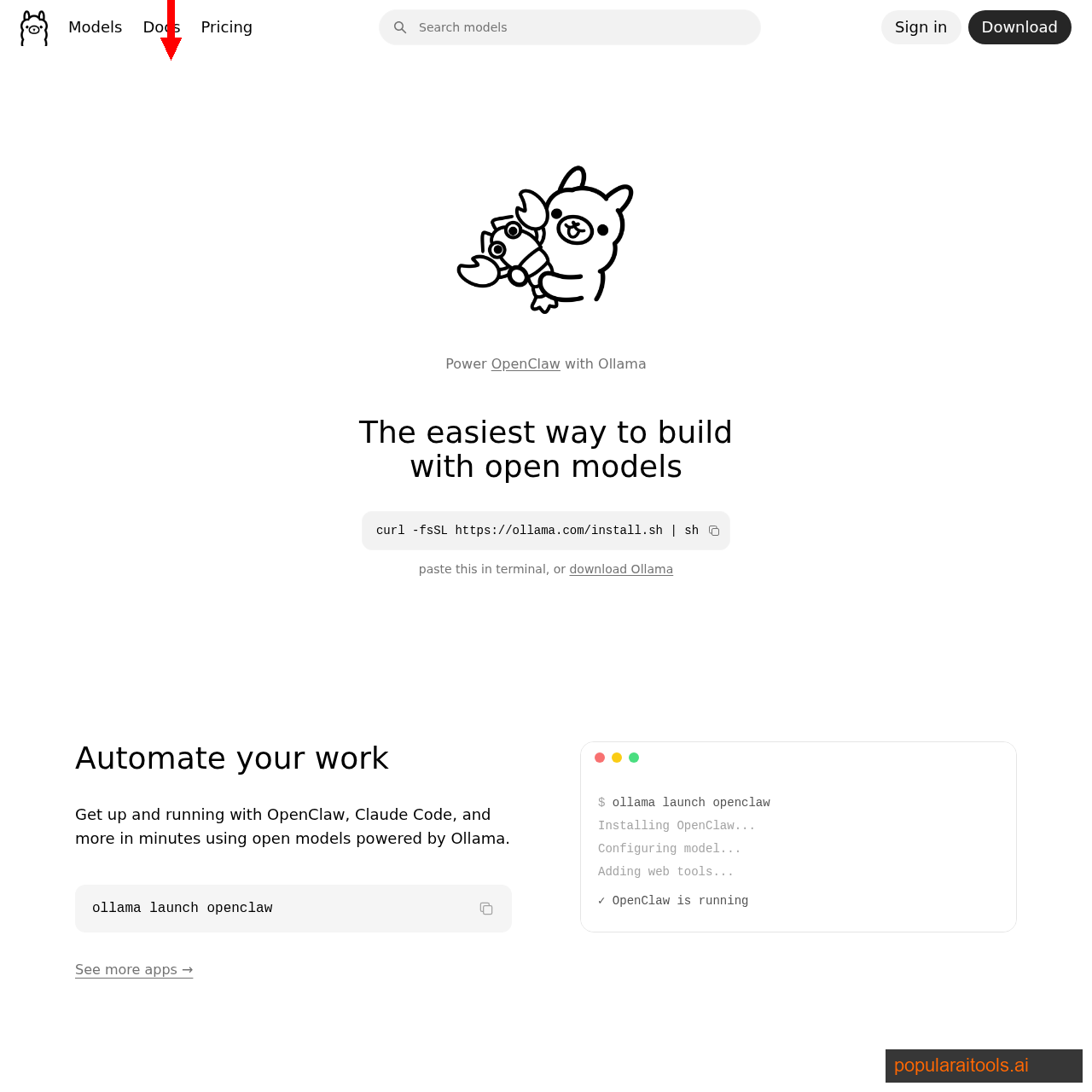 Ollama.com homepage explaining how to get up and running with large language models locally