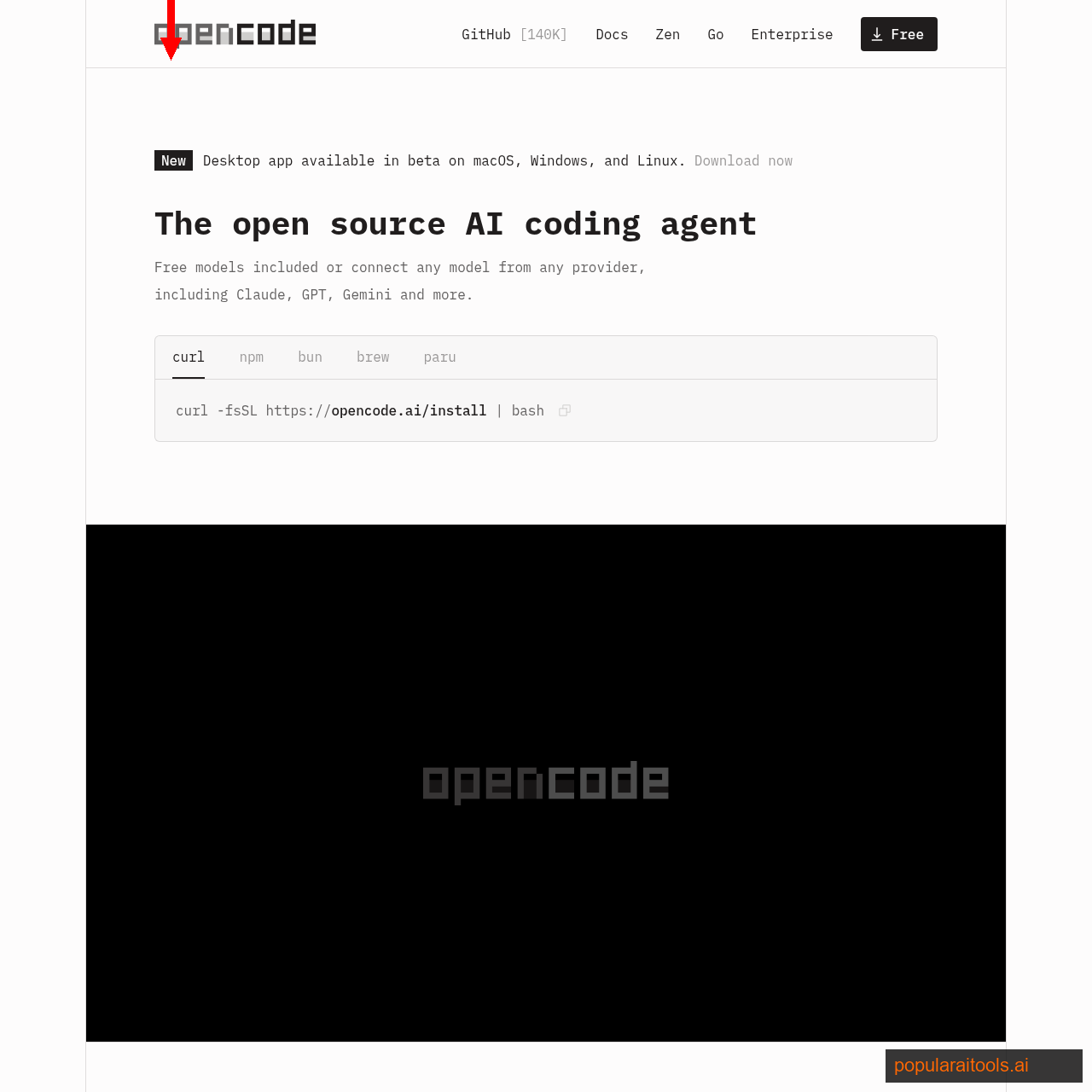 OpenCode.ai homepage describing the open source AI coding agent that supports 75 plus models including local Ollama