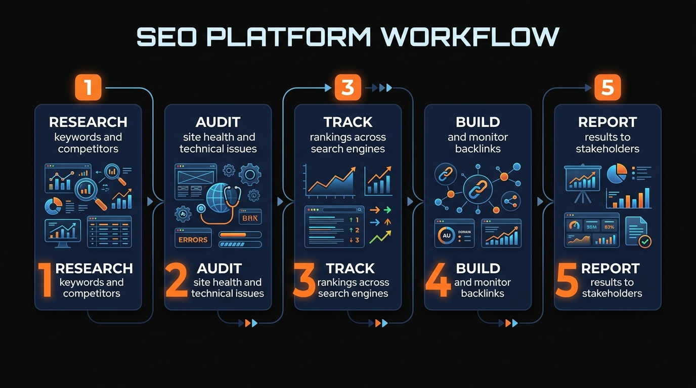 SEO platform workflow showing 5-step process from research to reporting