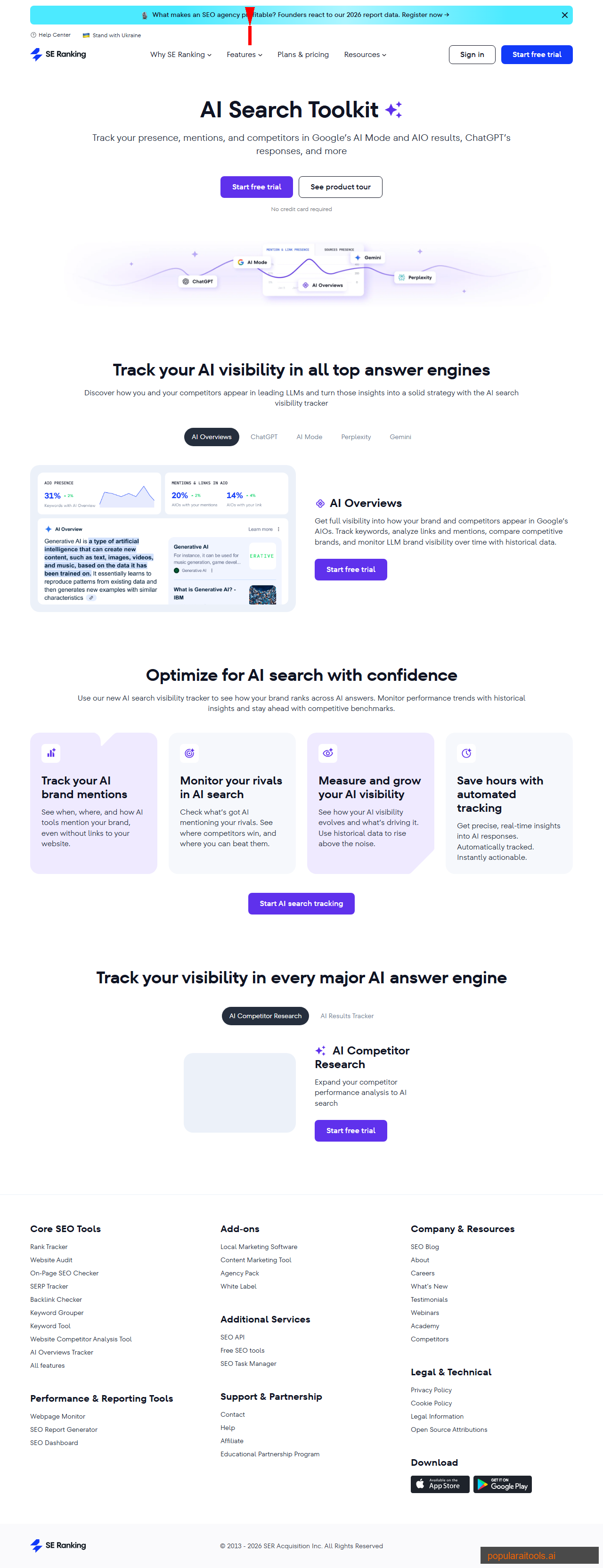 SE Ranking AI Search Toolkit showing AI Overviews, ChatGPT, Perplexity, and Gemini tracking