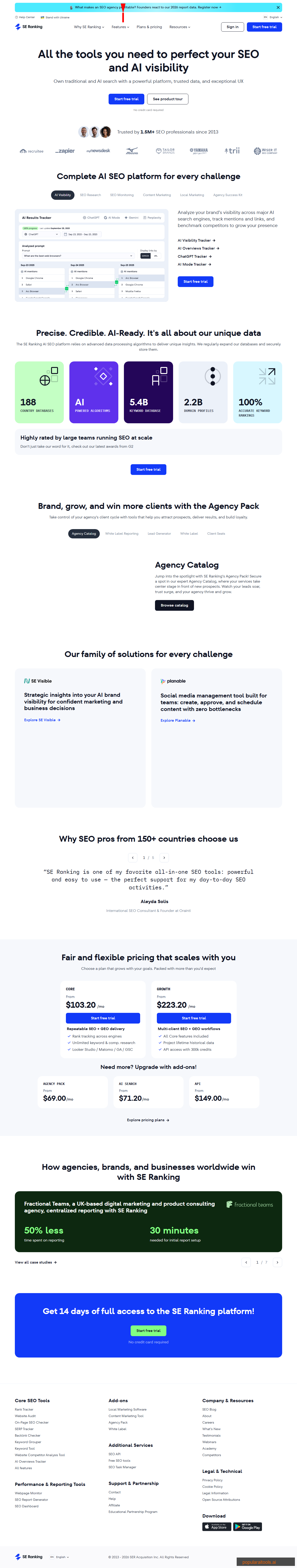 SE Ranking homepage — SEO and GEO platform for traditional and AI search
